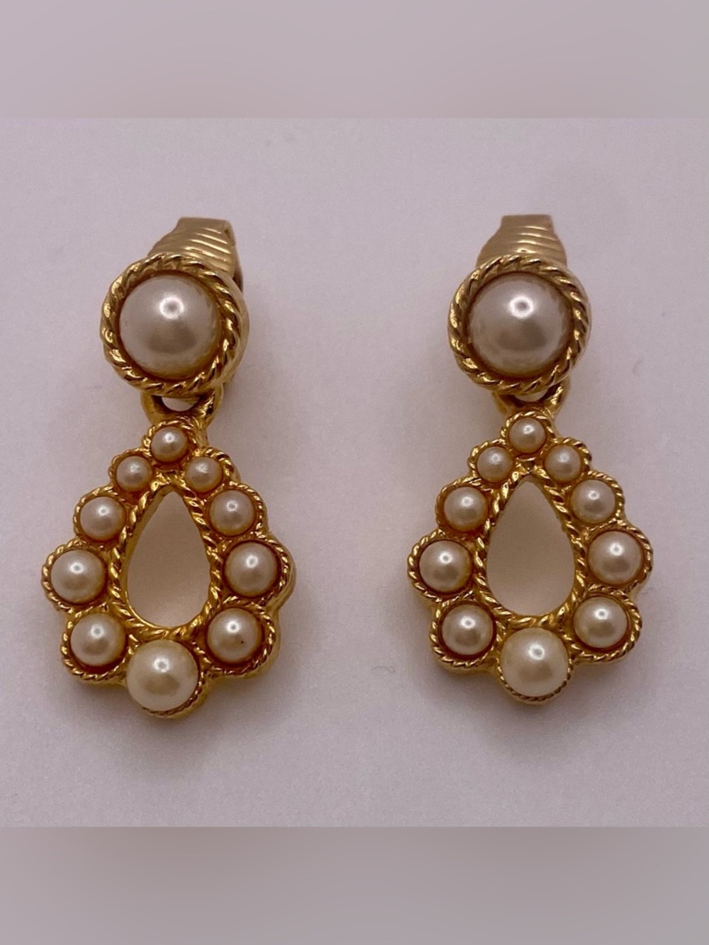 Vintage GoldTone Faux Pearl Teardrop Dangle Earrings